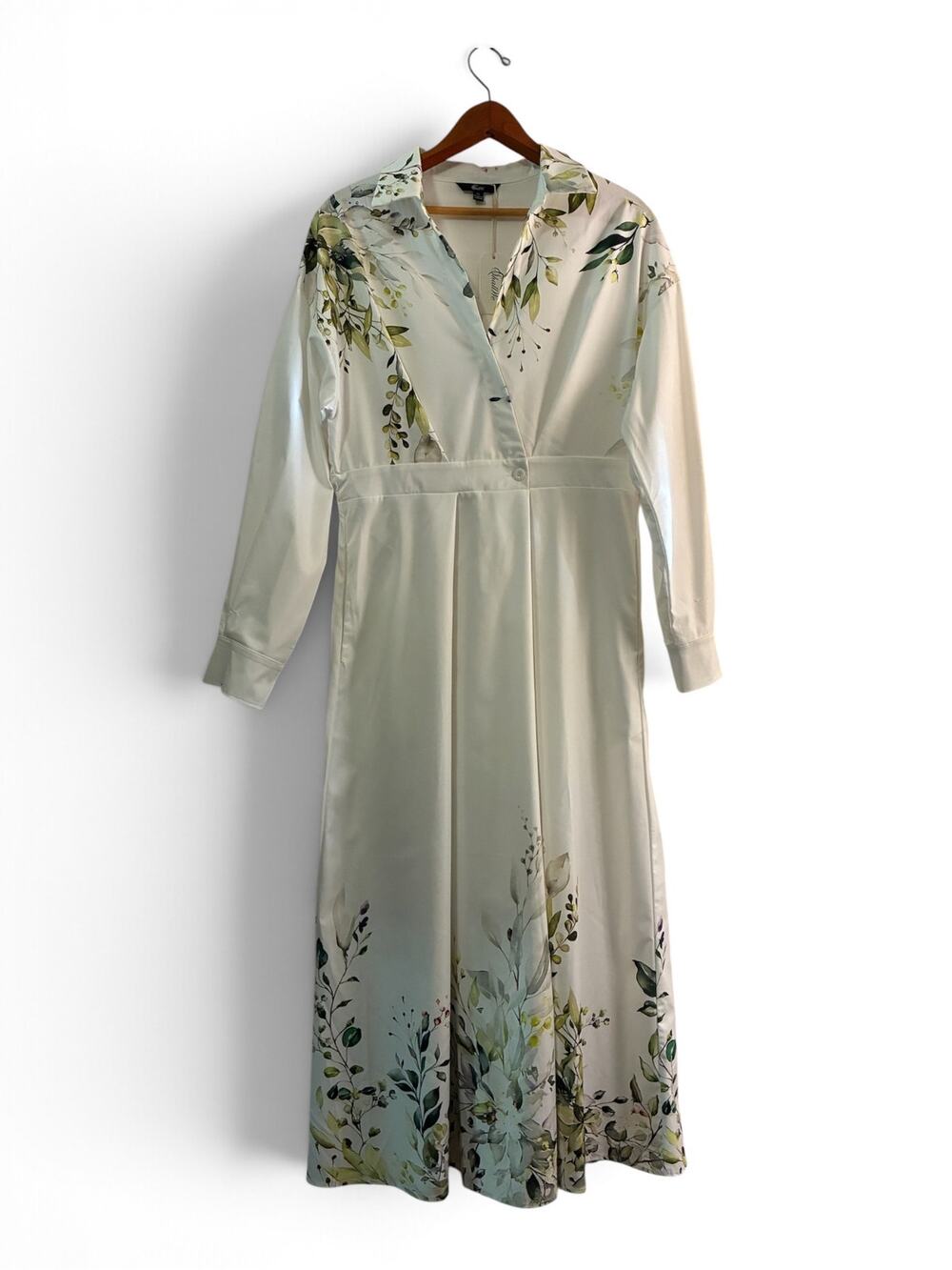 NWT ShallWe Botanical Leaf Print Maxi Dress White Green Long Sleeve